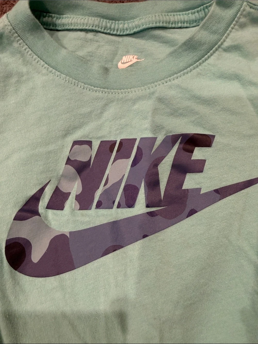 Nike Light Teal Tee with Purple Camo Swoosh Logo